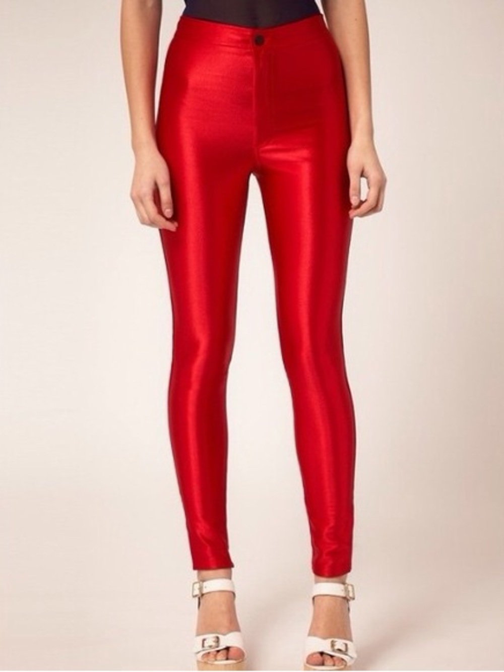 American Apparel Red High-Waist Shiny Skinny Pants